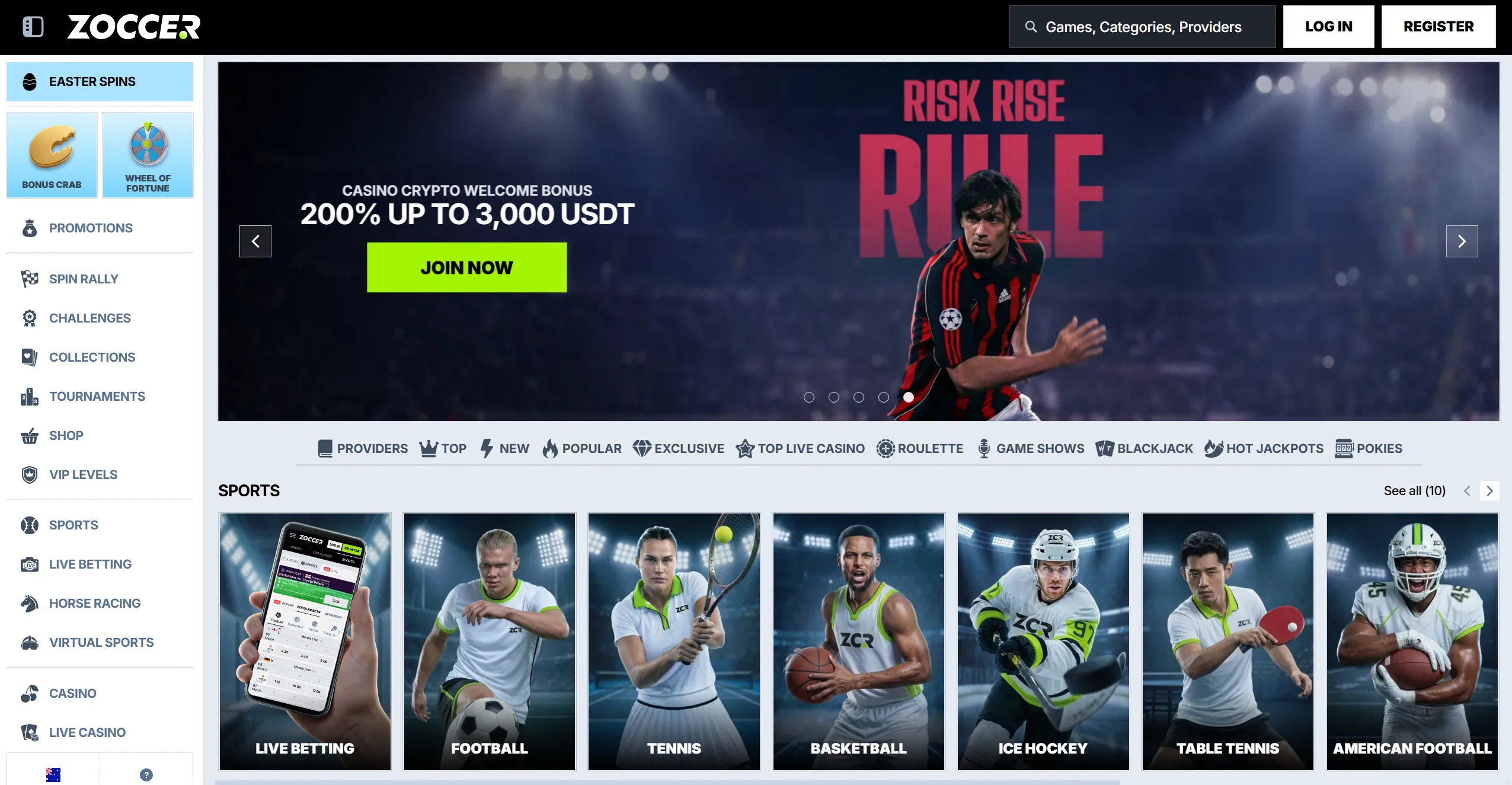Instant Casino AU Frontpage Interface